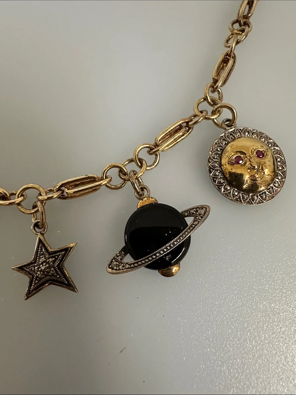 Vintage Celestial Charm real RUBYS Gold 925 GF  ONYX Gems Necklace